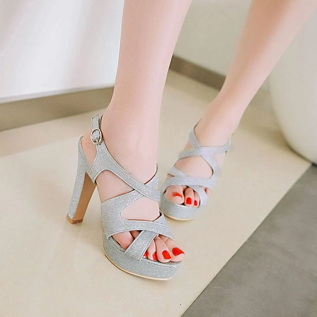 VOKLIN MISTU Women's Peep Toe Platform High Heel Sandals Glitter Cross Strappy Slingback Pump Dress Heeled Sandal
