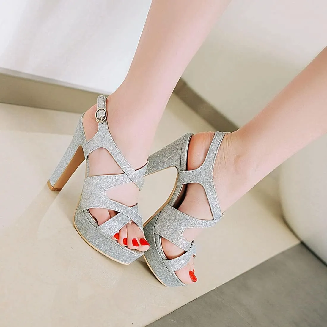 VOKLIN MISTU Women's Peep Toe Platform High Heel Sandals Glitter Cross Strappy Slingback Pump Dress Heeled Sandal