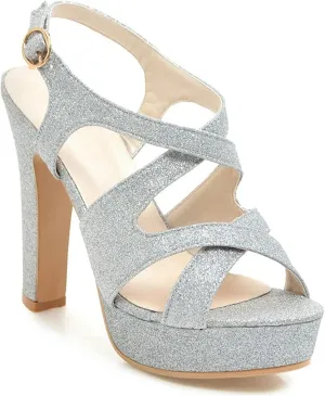 VOKLIN MISTU Women's Peep Toe Platform High Heel Sandals Glitter Cross Strappy Slingback Pump Dress Heeled Sandal
