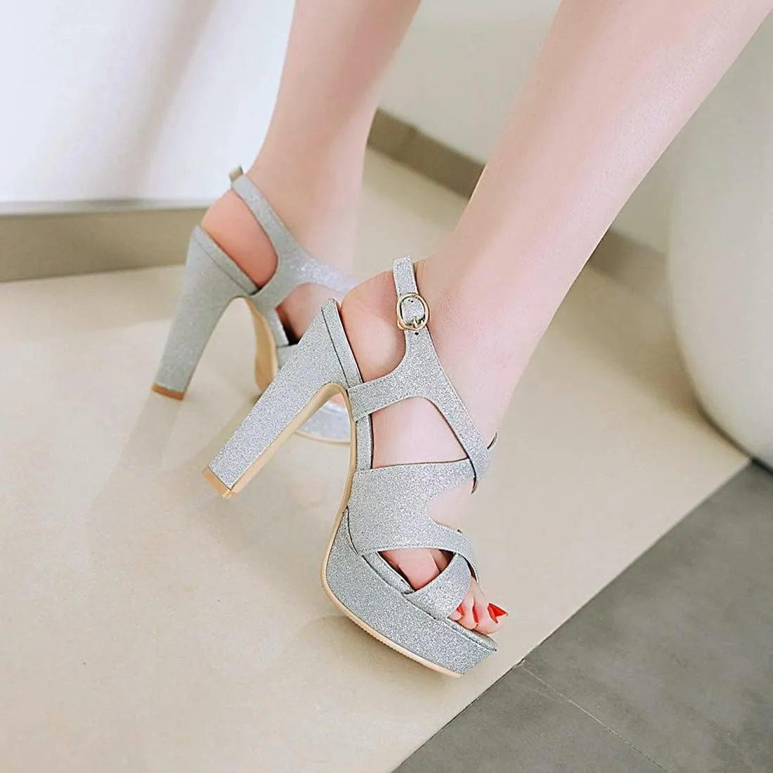 VOKLIN MISTU Women's Peep Toe Platform High Heel Sandals Glitter Cross Strappy Slingback Pump Dress Heeled Sandal