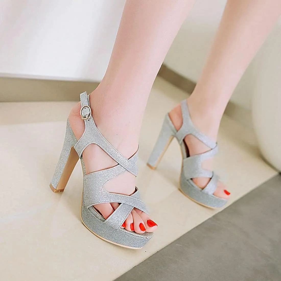 VOKLIN MISTU Women's Peep Toe Platform High Heel Sandals Glitter Cross Strappy Slingback Pump Dress Heeled Sandal