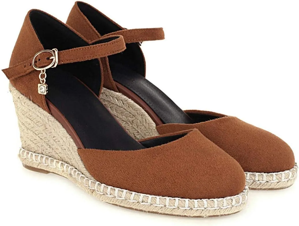 VOKLIN Women's Espadrilles Wedge Dress Pumps Round Toe Suede Ankle Strap Casual Platform High Heel Pump Shoes
