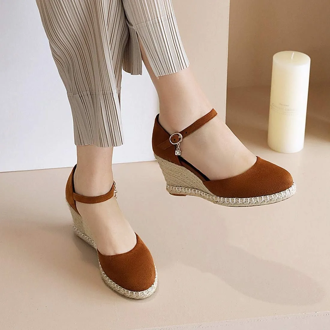VOKLIN Women's Espadrilles Wedge Dress Pumps Round Toe Suede Ankle Strap Casual Platform High Heel Pump Shoes