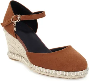 VOKLIN Women's Espadrilles Wedge Dress Pumps Round Toe Suede Ankle Strap Casual Platform High Heel Pump Shoes