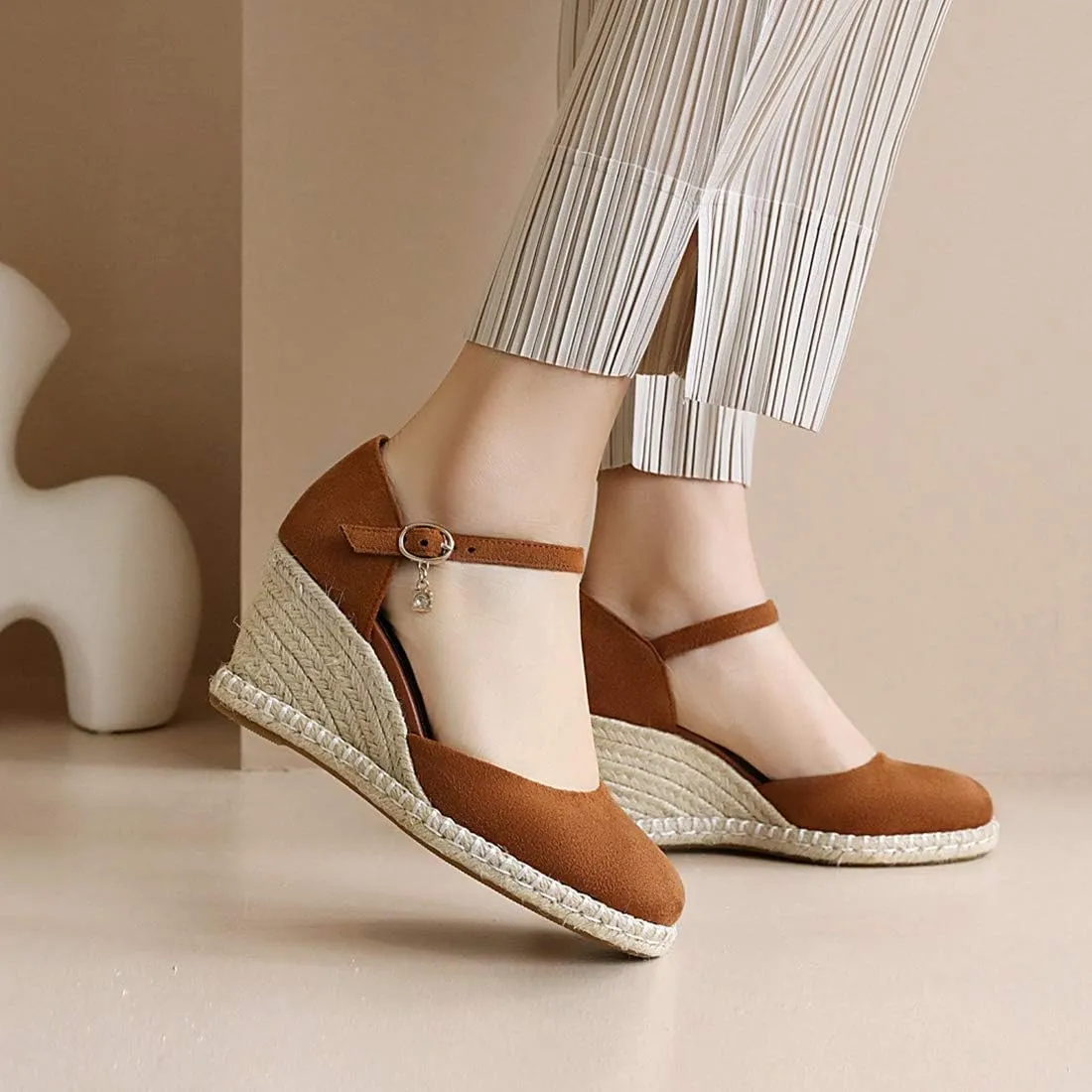 VOKLIN Women's Espadrilles Wedge Dress Pumps Round Toe Suede Ankle Strap Casual Platform High Heel Pump Shoes