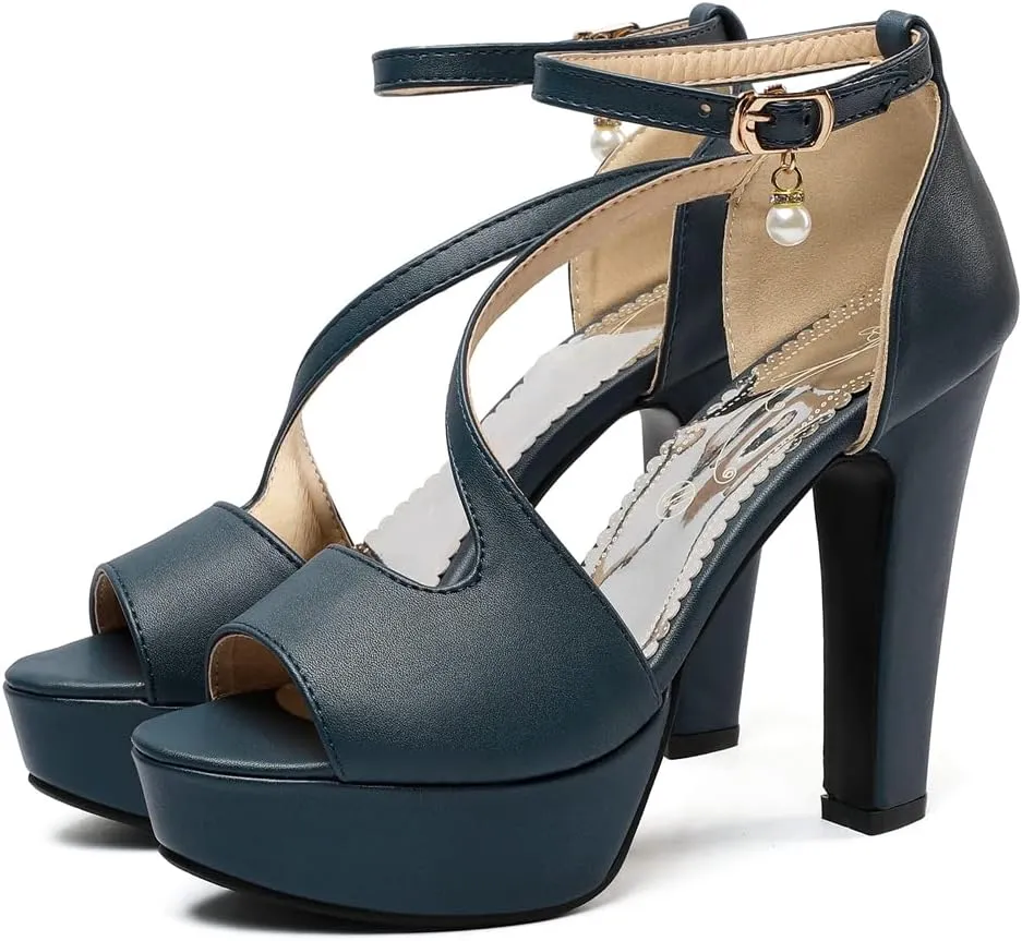 VOKLIN Women's Fashion Peep Toe Chunky Block High Heel Sandals Ankle Strap Sexy Platform Dress Heeled Sandal