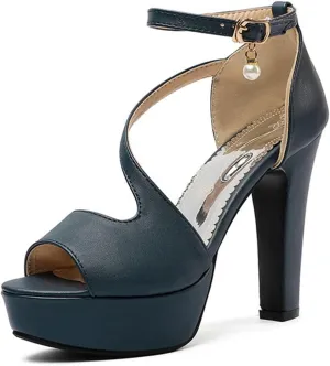 VOKLIN Women's Fashion Peep Toe Chunky Block High Heel Sandals Ankle Strap Sexy Platform Dress Heeled Sandal