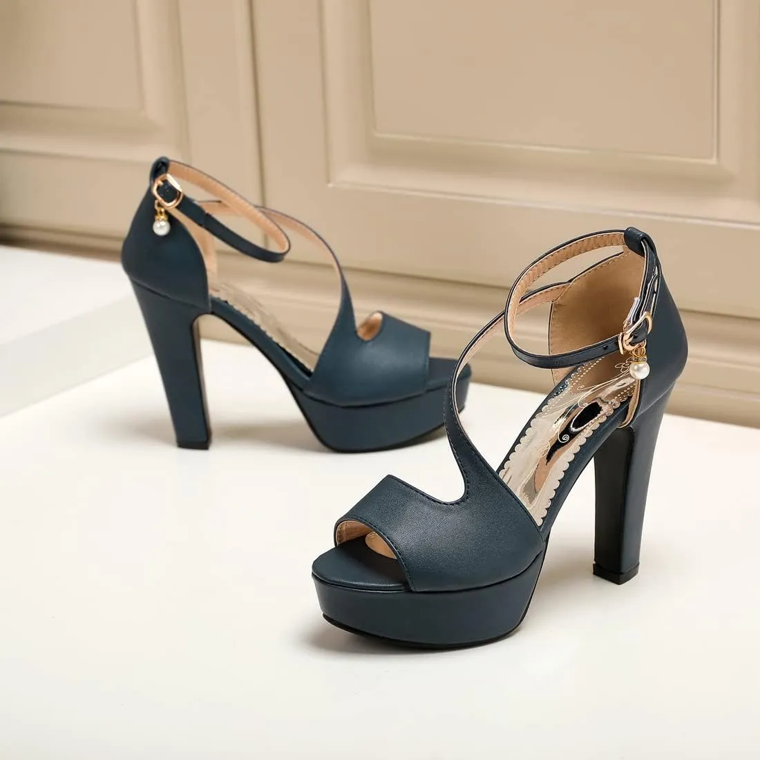 VOKLIN Women's Fashion Peep Toe Chunky Block High Heel Sandals Ankle Strap Sexy Platform Dress Heeled Sandal