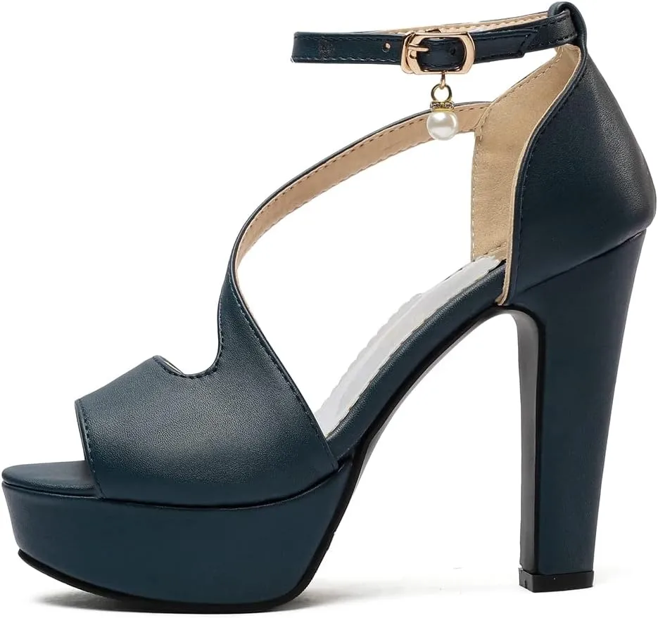 VOKLIN Women's Fashion Peep Toe Chunky Block High Heel Sandals Ankle Strap Sexy Platform Dress Heeled Sandal