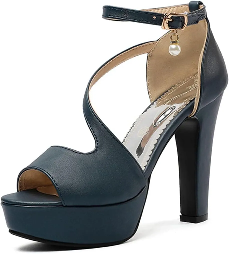 VOKLIN Women's Fashion Peep Toe Chunky Block High Heel Sandals Ankle Strap Sexy Platform Dress Heeled Sandal