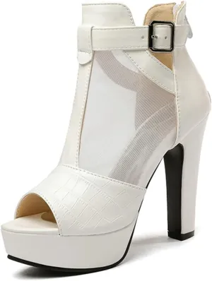 VOKLIN Women's Fashion Peep Toe Chunky Block High Heel Sandals Sexy Mesh Platform Dress Heeled Sandal Booties