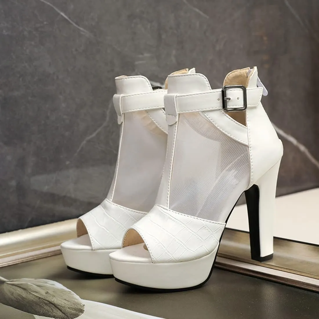 VOKLIN Women's Fashion Peep Toe Chunky Block High Heel Sandals Sexy Mesh Platform Dress Heeled Sandal Booties