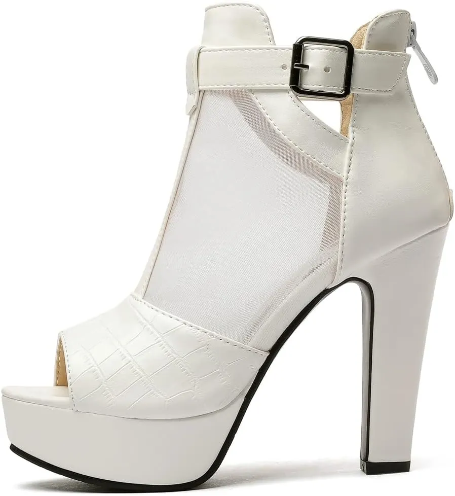 VOKLIN Women's Fashion Peep Toe Chunky Block High Heel Sandals Sexy Mesh Platform Dress Heeled Sandal Booties