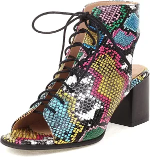 VOKLIN Women's Fashion Peep Toe Chunky Block Mid Heel Sandals Shoes Lace Up Cutout Dress Pump Sandal Booties