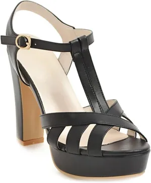 VOKLIN Women's Fashion T-strap Peep Toe Platform High Heel Sandals Party Evening Pump Dress Heeled Sandal