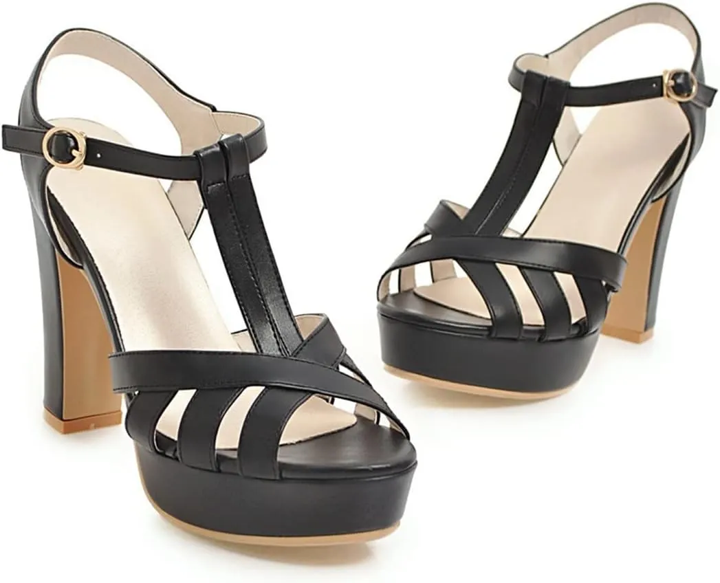 VOKLIN Women's Fashion T-strap Peep Toe Platform High Heel Sandals Party Evening Pump Dress Heeled Sandal