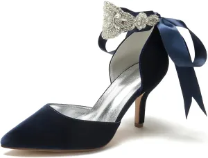 Wedding Bridal Pointed Toe Womens High Heel Shoes Ankle Buckle Pumps Rhinestones Heeled Bowknot Court Sandals Evening Party Dress,Dark Blue,9