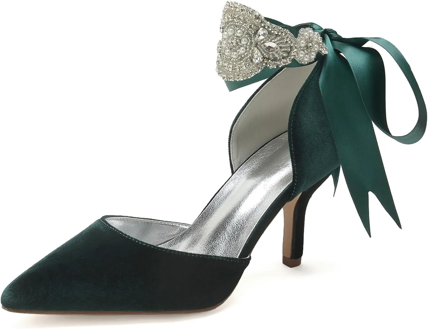 Wedding Bridal Pointed Toe Womens High Heel Shoes Ankle Buckle Pumps Rhinestones Heeled Bowknot Court Sandals Evening Party Dress,Dark Green,10