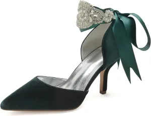 Wedding Bridal Pointed Toe Womens High Heel Shoes Ankle Buckle Pumps Rhinestones Heeled Bowknot Court Sandals Evening Party Dress,Dark Green,10