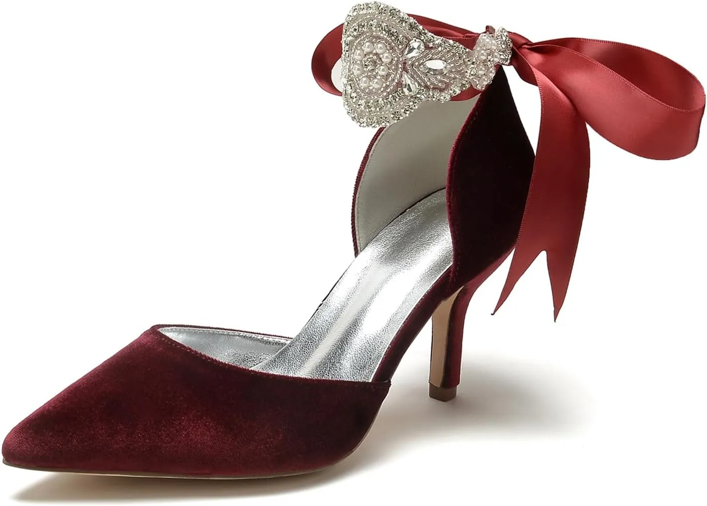 Wedding Bridal Pointed Toe Womens High Heel Shoes Ankle Buckle Pumps Rhinestones Heeled Bowknot Court Sandals Evening Party Dress,Wine red,11