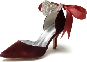 Wedding Bridal Pointed Toe Womens High Heel Shoes Ankle Buckle Pumps Rhinestones Heeled Bowknot Court Sandals Evening Party Dress,Wine red,11