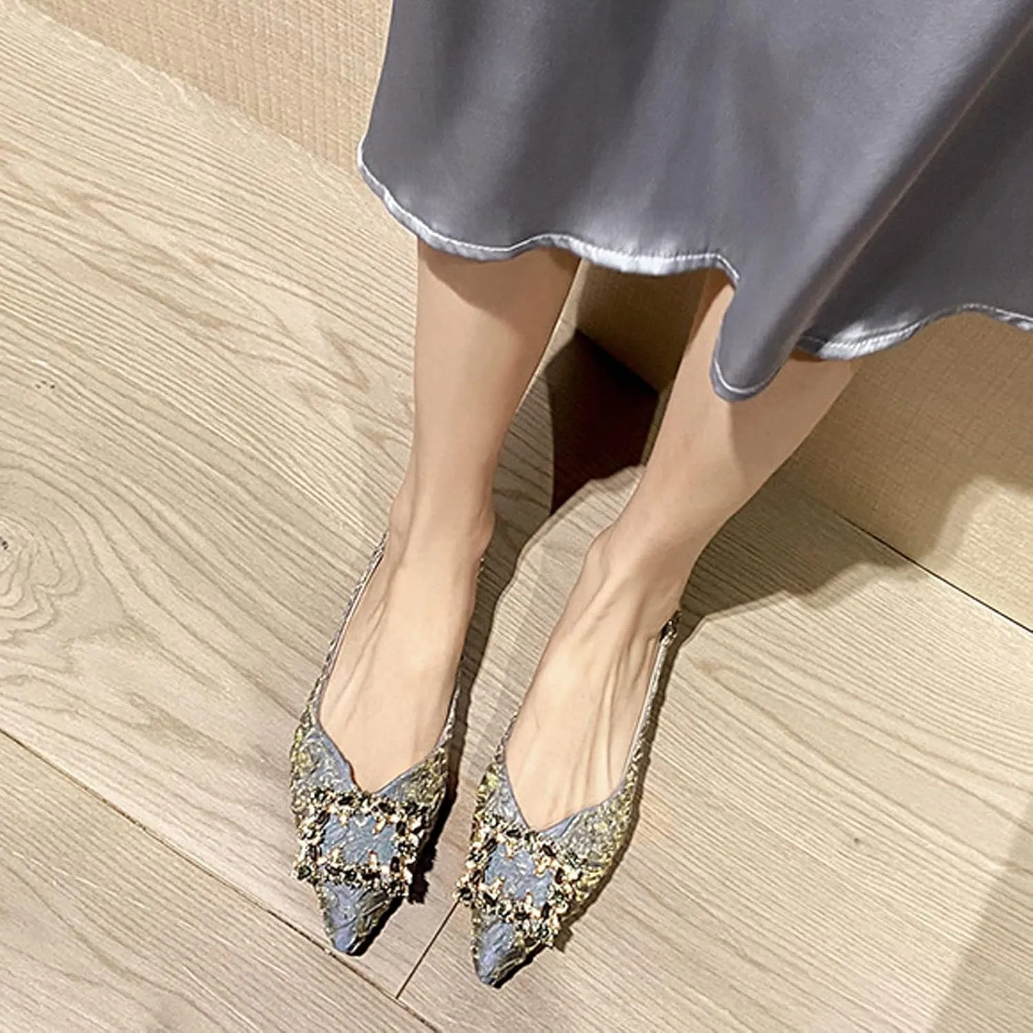 WENJIAZHIZHI Women's Rhinestones Pointed Toe Ballet Flats Casual Slip-On Walking Flats Loafers for Women Dressy Comfortable Shoes