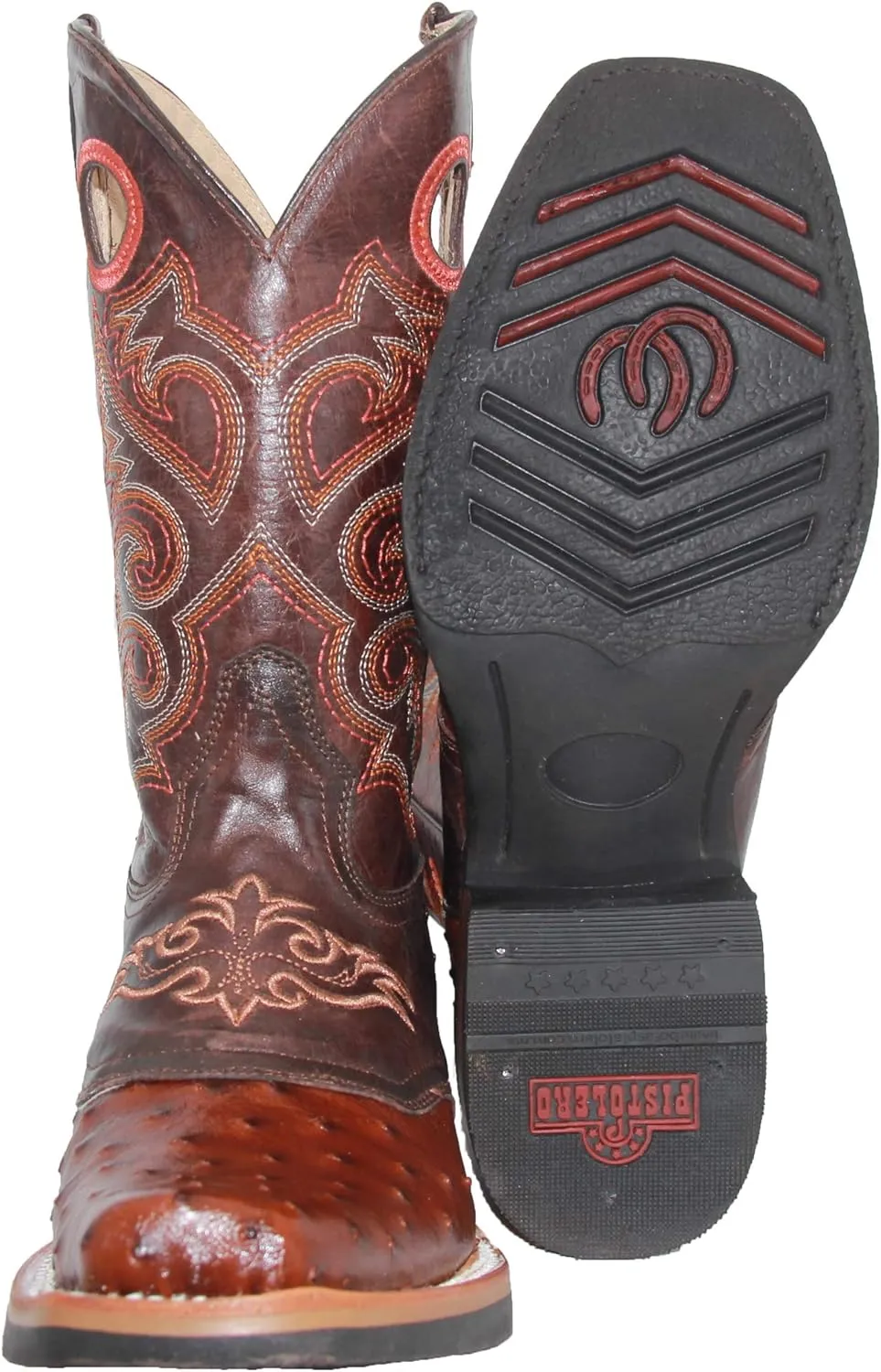 Western Shops Mens Genuine Cowhide Leather Square Toe Ostrich Quill Print Western Cowboy Boots