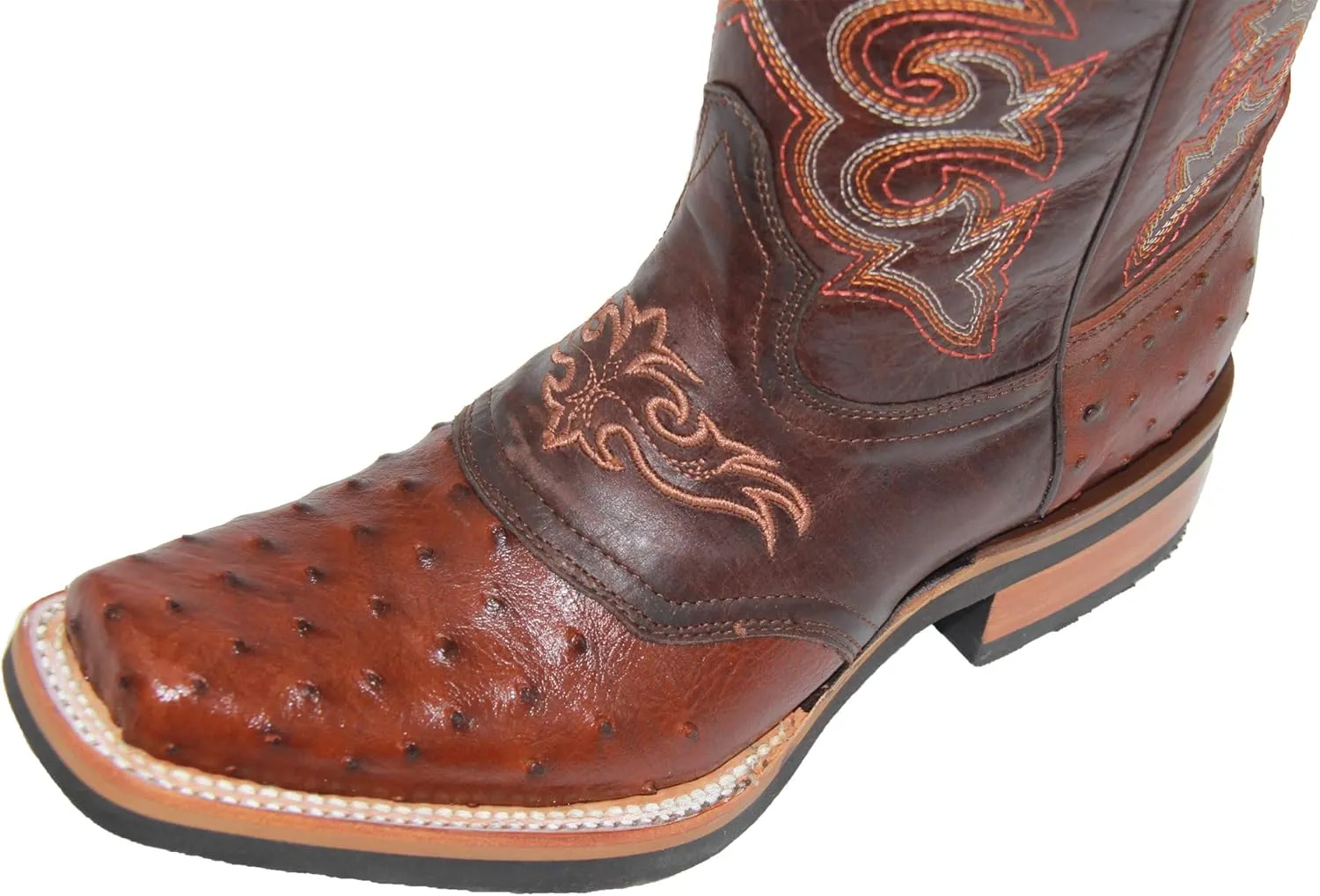 Western Shops Mens Genuine Cowhide Leather Square Toe Ostrich Quill Print Western Cowboy Boots