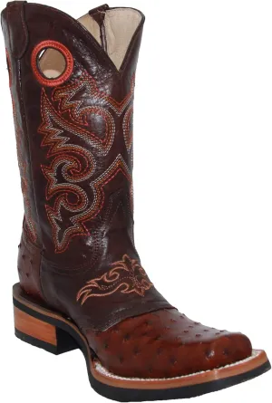 Western Shops Mens Genuine Cowhide Leather Square Toe Ostrich Quill Print Western Cowboy Boots
