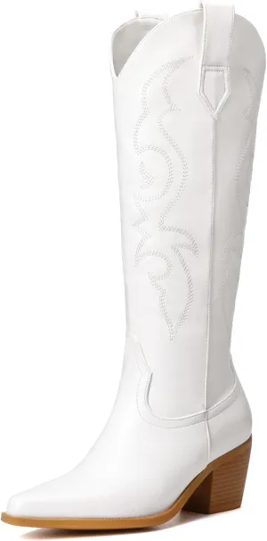 White Cowboy Boots for Women - Embroidered Western Cowgirl Boots, Wide Calf Knee High Tall Footwear, Almond Pointed Toe Chunky Heel Pull On Zipper Retro Country Style US 7