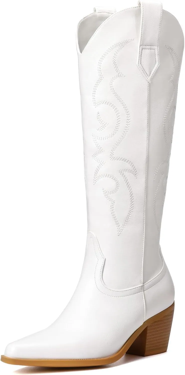 White Cowboy Boots for Women - Embroidered Western Cowgirl Boots, Wide Calf Knee High Tall Footwear, Almond Pointed Toe Chunky Heel Pull On Zipper Retro Country Style US 7