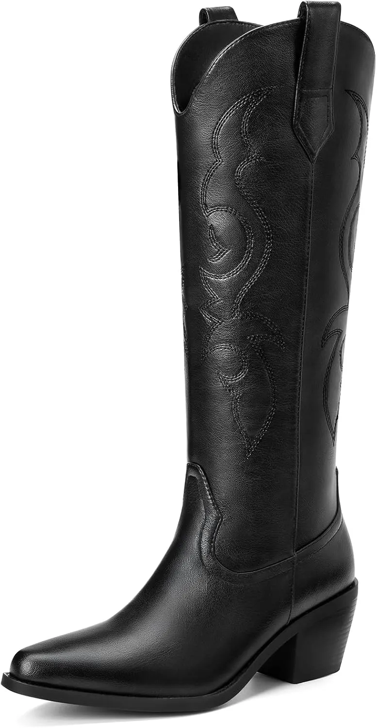 White Cowboy Boots for Women - Wide Calf Rhinestone Cowgirl Boots, Women Knee High Western Boots, Glitter Sparkly Ladies Tall Boots with Classic Embroidery and Side Zipper, Retro Classic Country Boots Pull On for Ladies