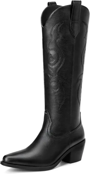 White Cowboy Boots for Women - Wide Calf Rhinestone Cowgirl Boots, Women Knee High Western Boots, Glitter Sparkly Ladies Tall Boots with Classic Embroidery and Side Zipper, Retro Classic Country Boots Pull On for Ladies