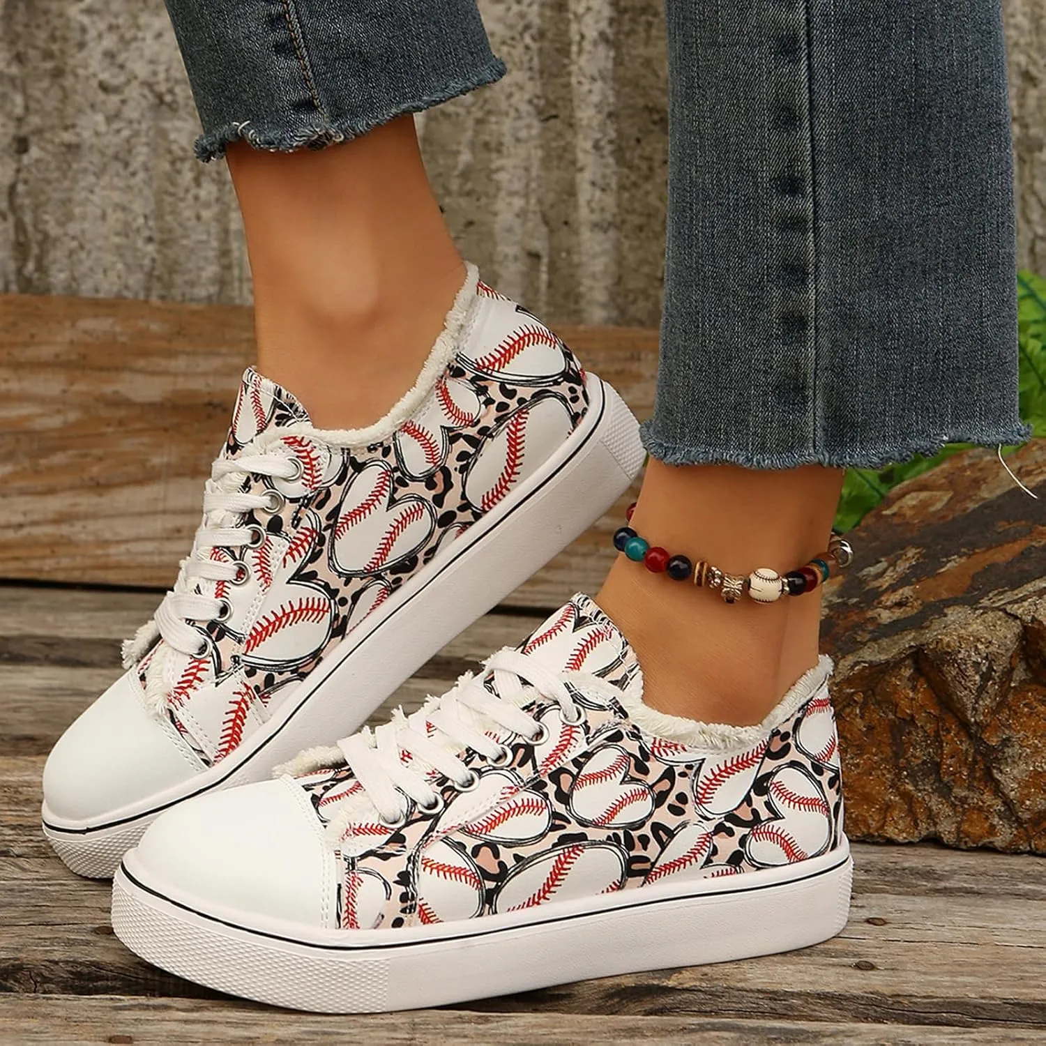 Women Baseball Print Shoes Canvas Sneakers Trendy Casual Walking Shoes