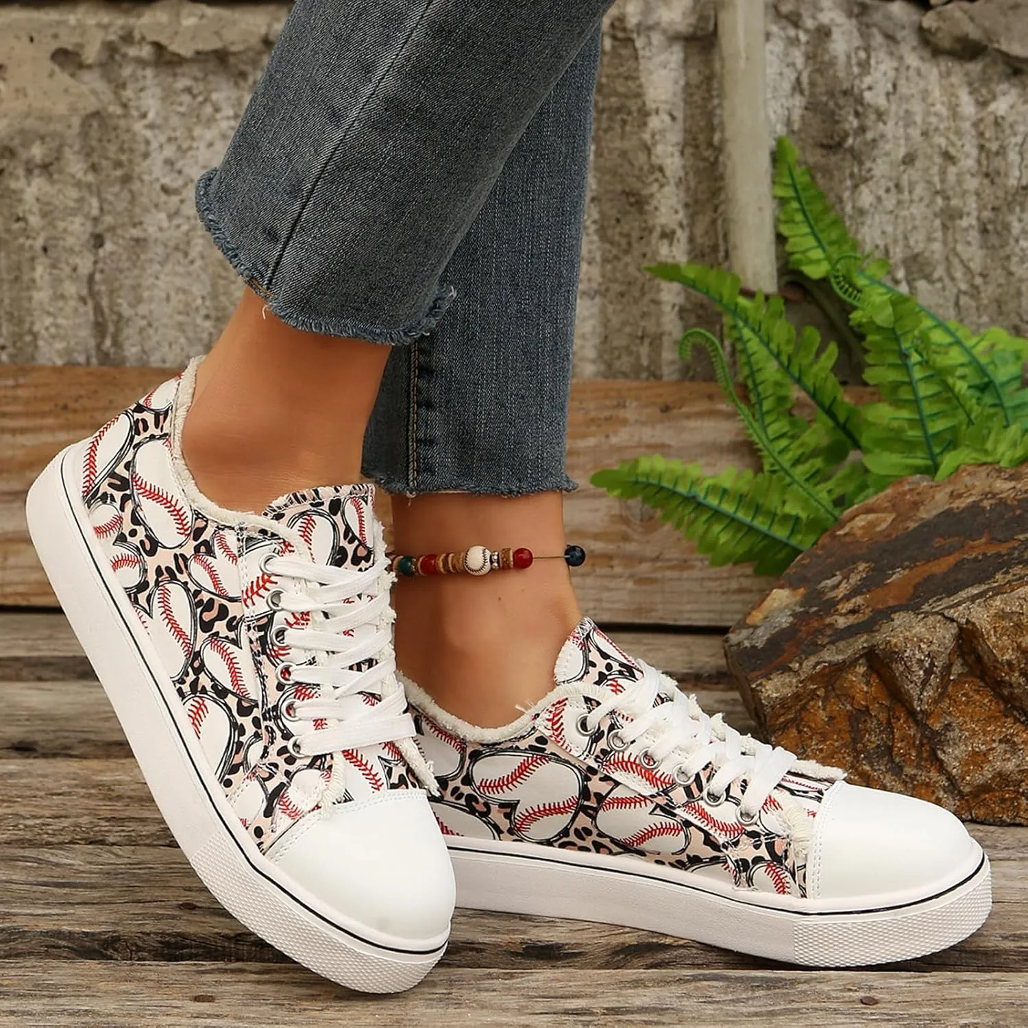 Women Baseball Print Shoes Canvas Sneakers Trendy Casual Walking Shoes