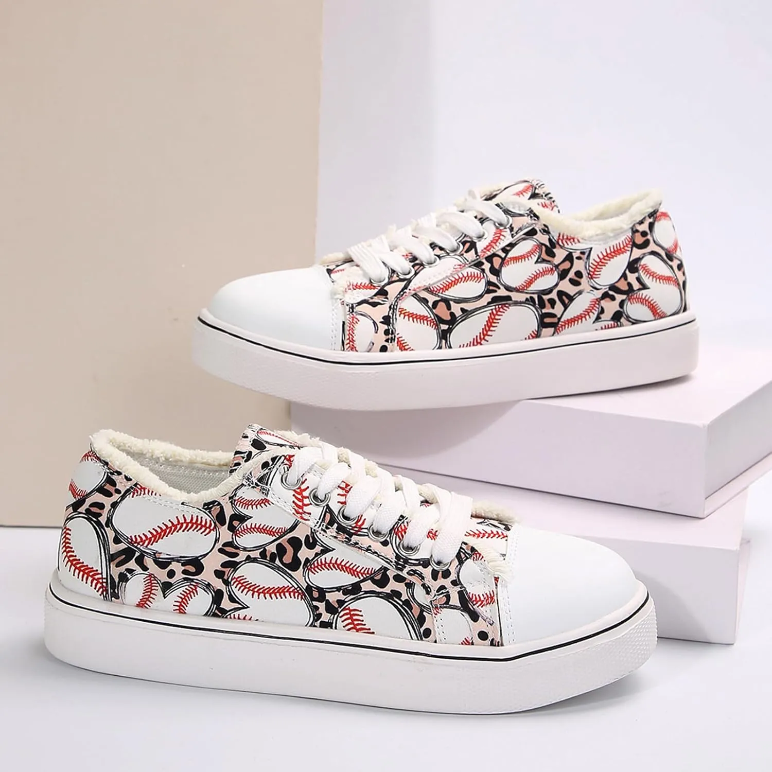 Women Baseball Print Shoes Canvas Sneakers Trendy Casual Walking Shoes