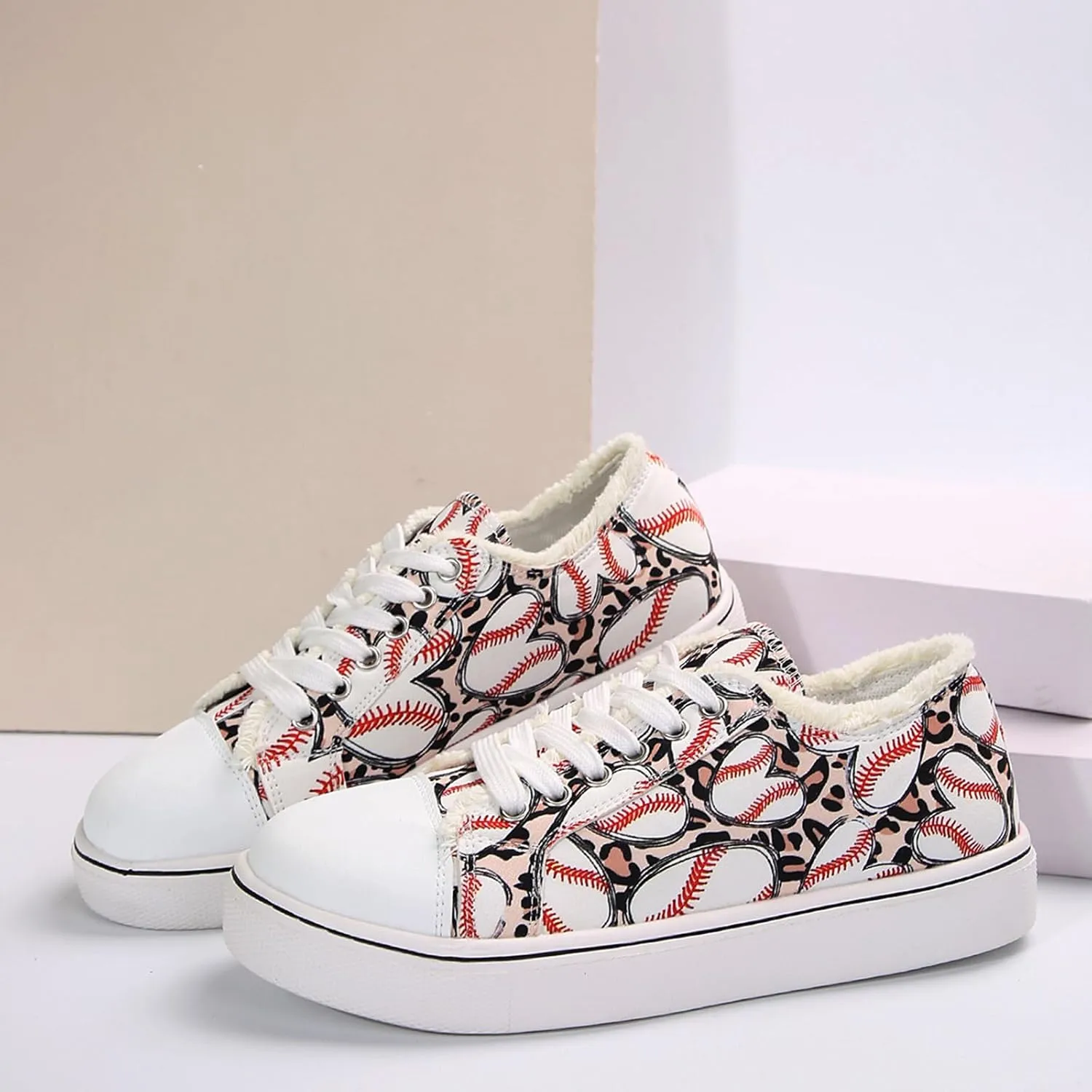 Women Baseball Print Shoes Canvas Sneakers Trendy Casual Walking Shoes