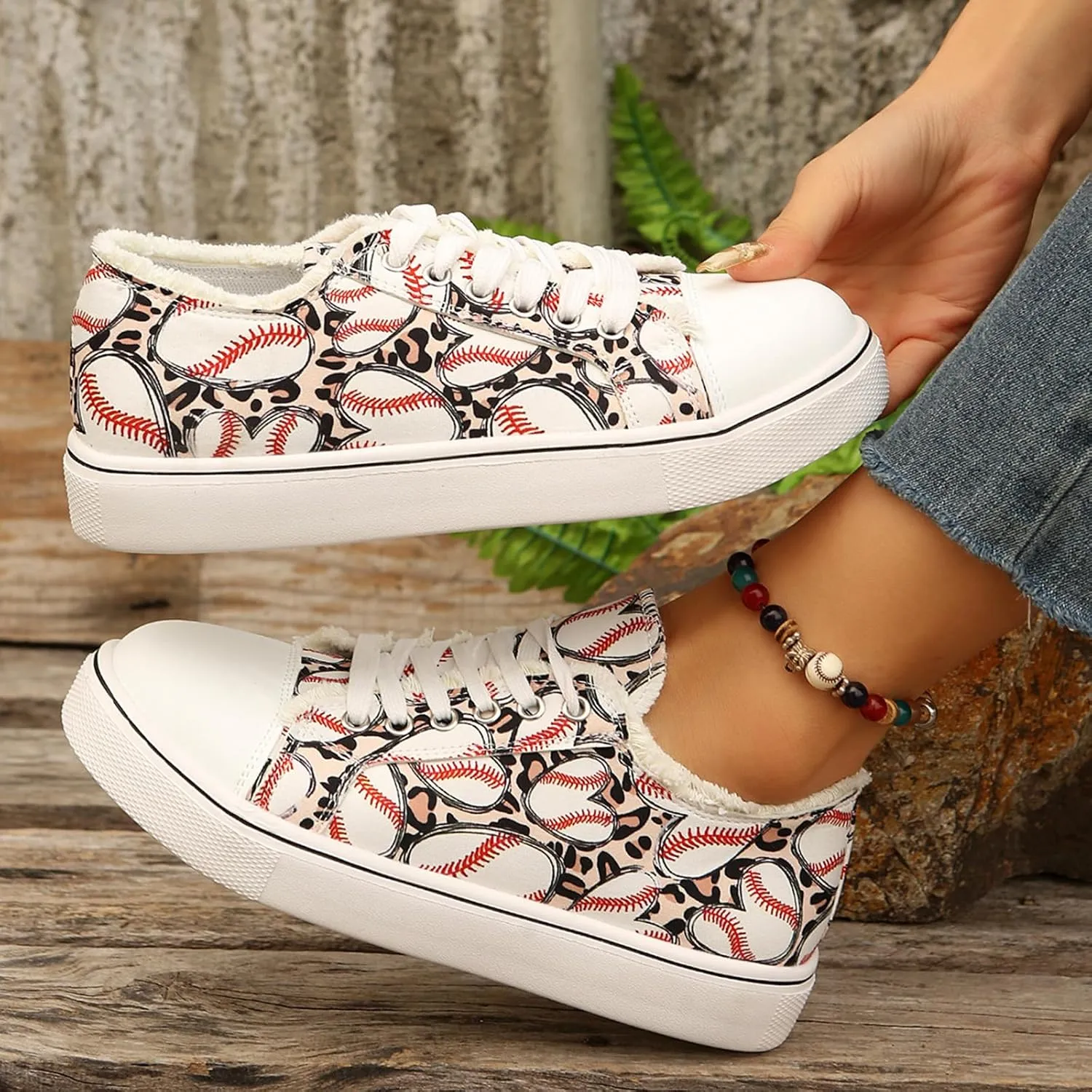 Women Baseball Print Shoes Canvas Sneakers Trendy Casual Walking Shoes