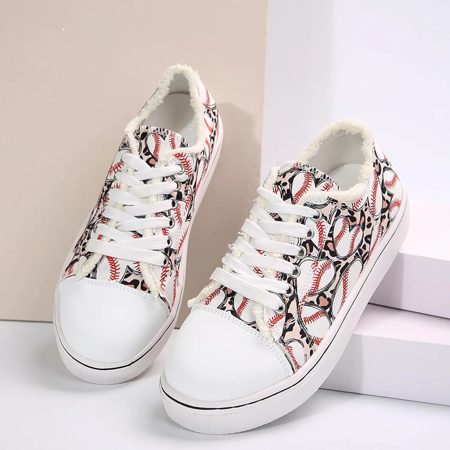Women Baseball Print Shoes Canvas Sneakers Trendy Casual Walking Shoes