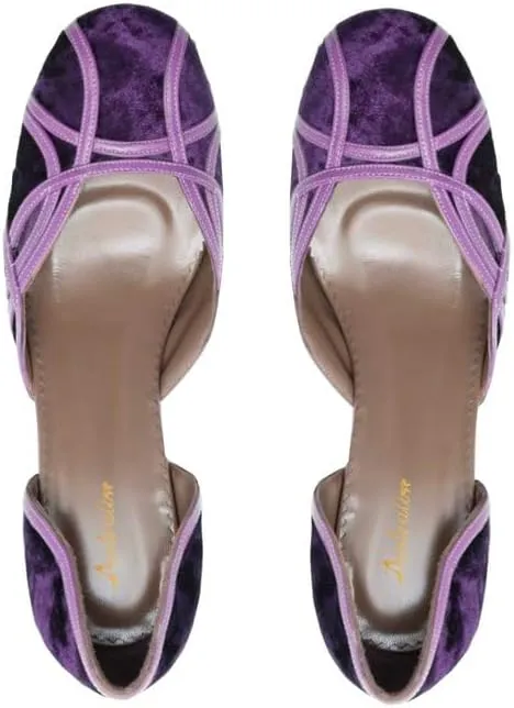 Women Chunky Heel Round Toe Pumps Velvet Cut Out Sandal Heels Closed Round Toe 3 inch Block Heel Pump Shoes Two Tone Strappy Fashion Retro Wedding Party Dress Heels Comfy 4-11 M US
