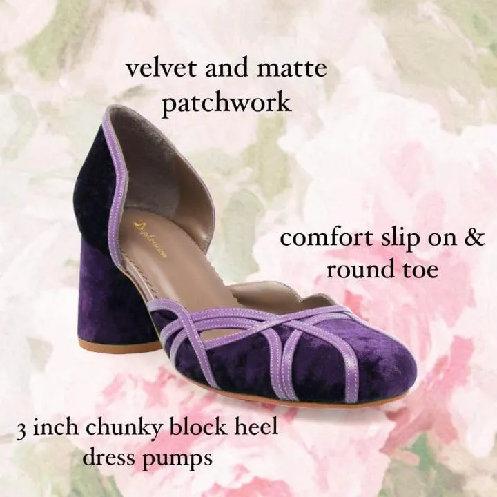 Women Chunky Heel Round Toe Pumps Velvet Cut Out Sandal Heels Closed Round Toe 3 inch Block Heel Pump Shoes Two Tone Strappy Fashion Retro Wedding Party Dress Heels Comfy 4-11 M US