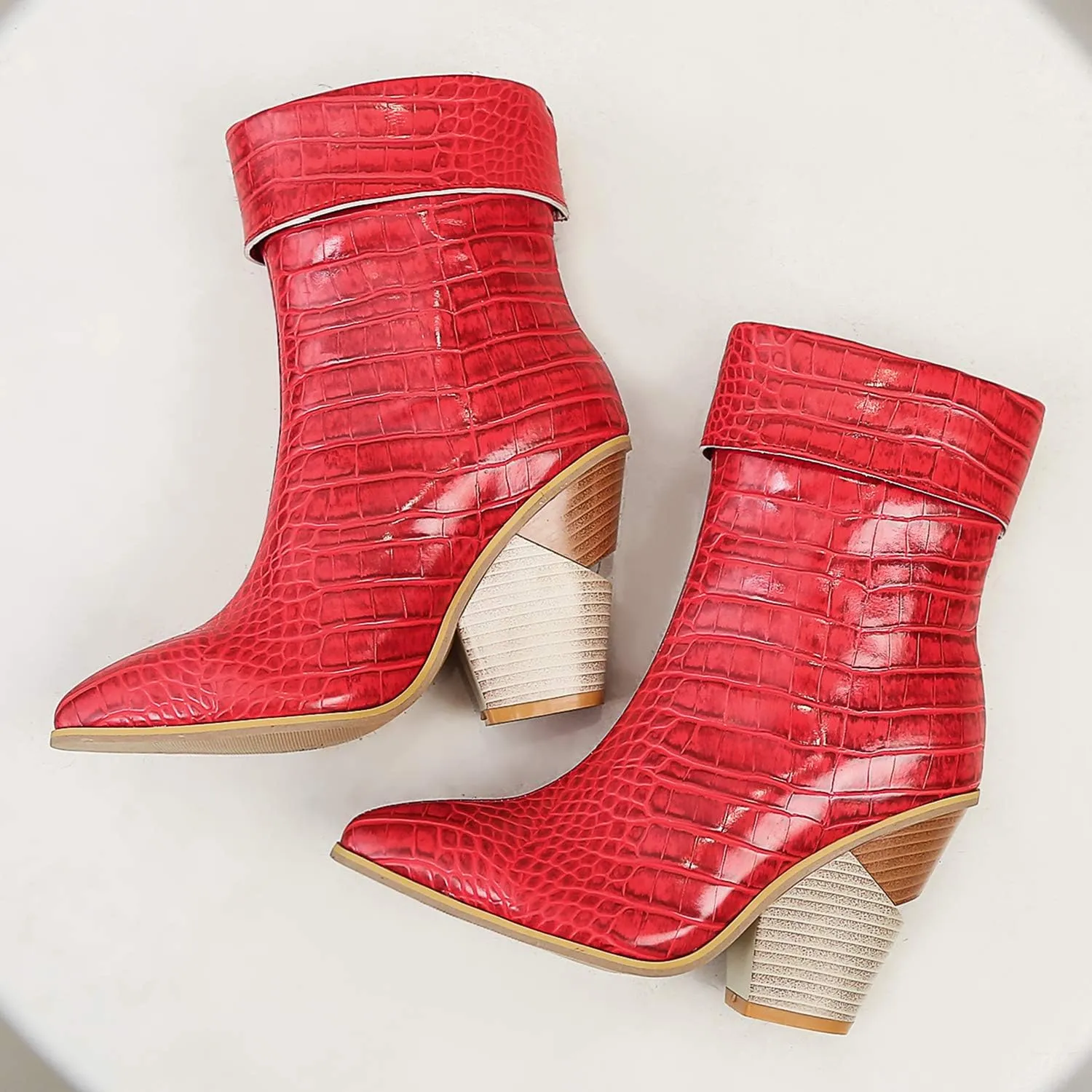 Women Fashion Chunky Wedge Heel Pull On Ankle Boots Comfy Concise Snakeskin Pointed Toe High Heels Short Booties