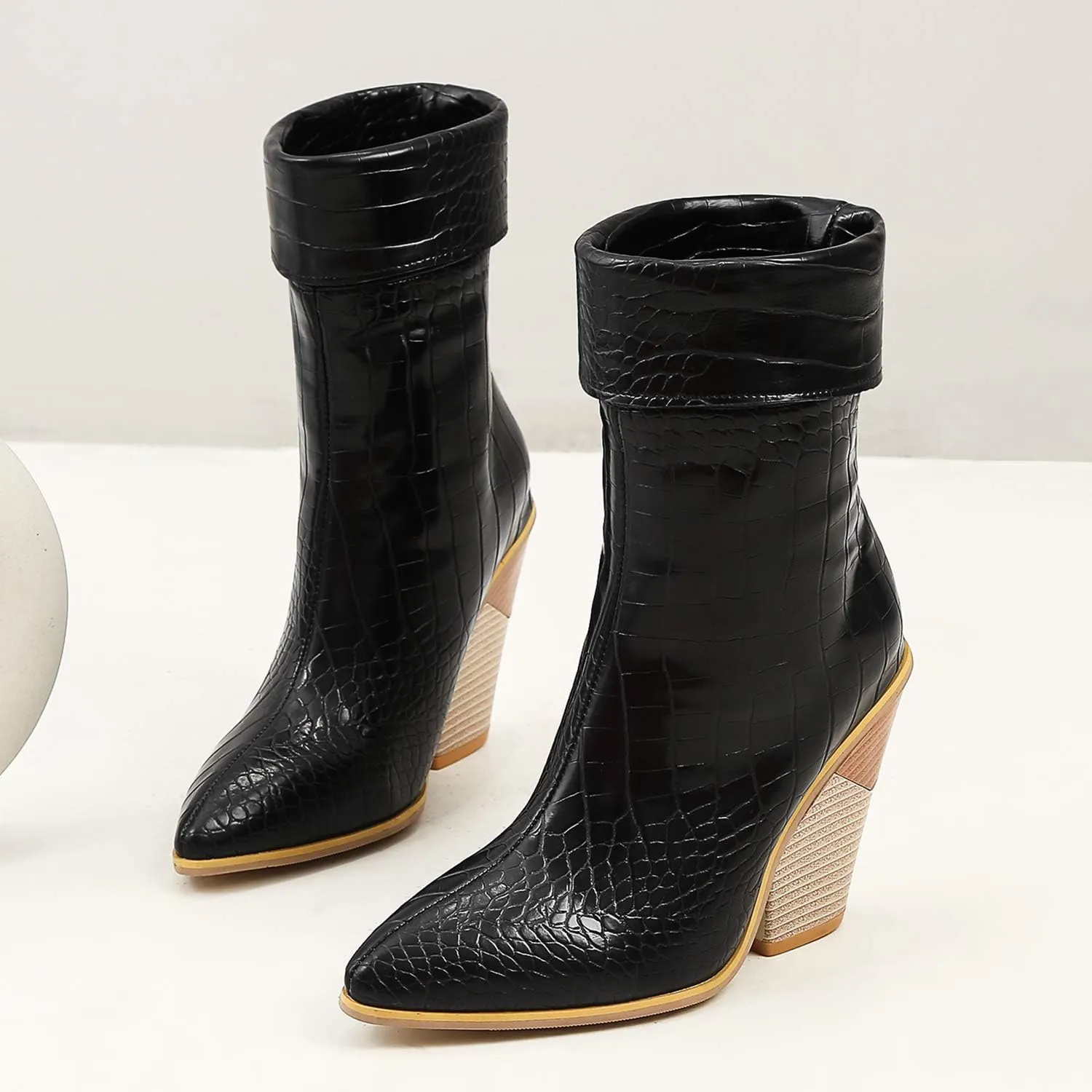 Women Fashion Chunky Wedge Heel Pull On Ankle Boots Comfy Concise Snakeskin Pointed Toe High Heels Short Booties