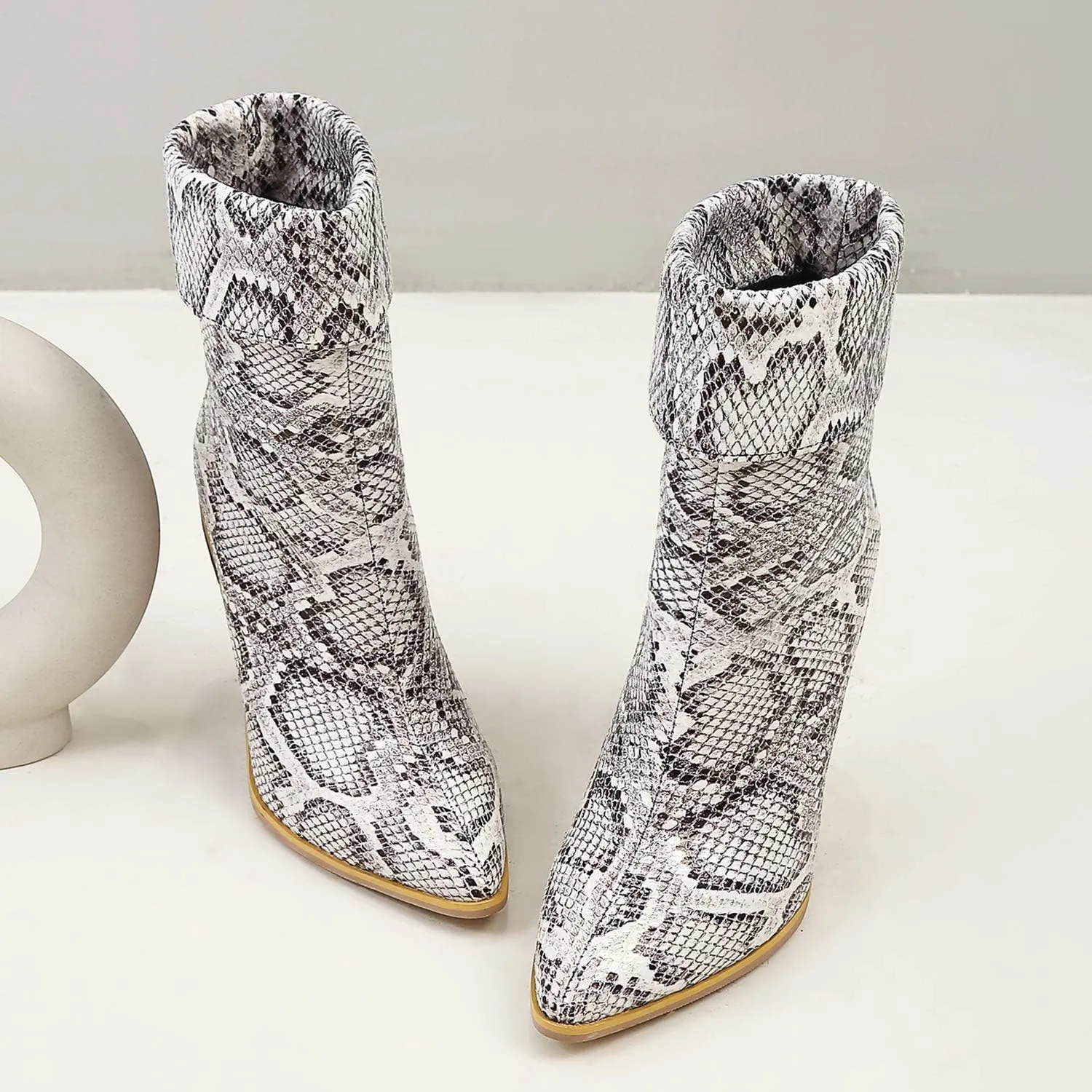 Women Fashion Chunky Wedge Heel Pull On Ankle Boots Comfy Concise Snakeskin Pointed Toe High Heels Short Booties