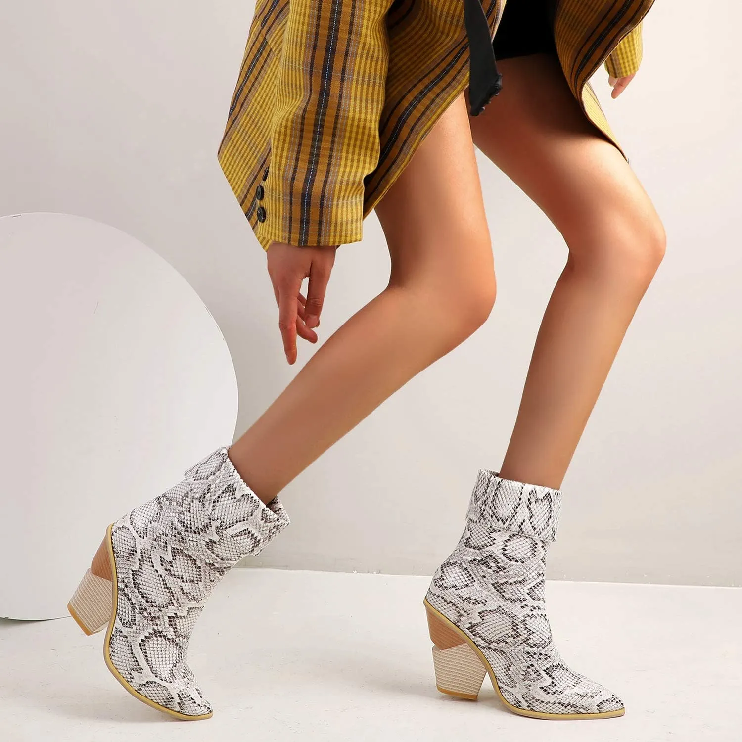 Women Fashion Chunky Wedge Heel Pull On Ankle Boots Comfy Concise Snakeskin Pointed Toe High Heels Short Booties