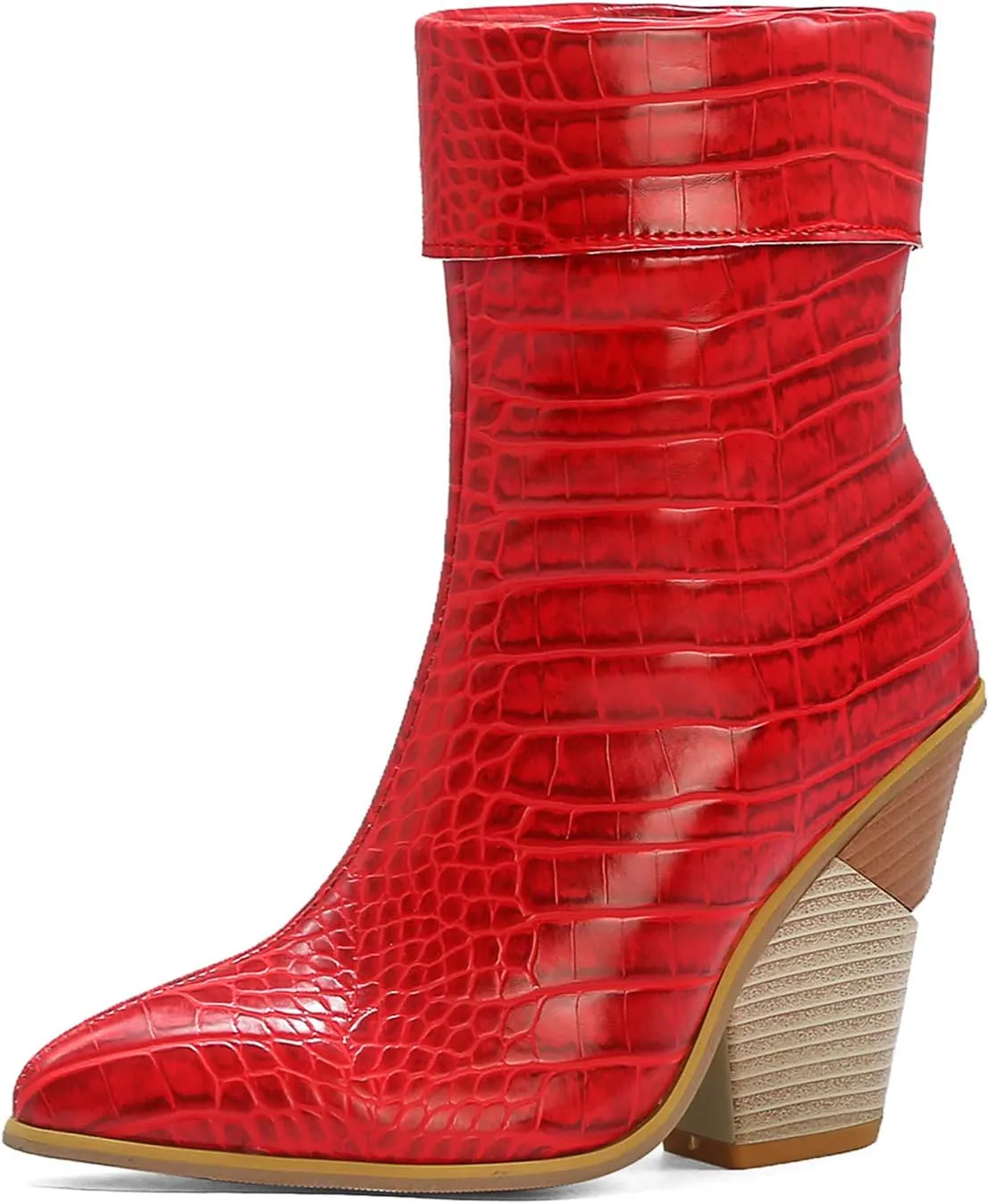 Women Fashion Chunky Wedge Heel Pull On Ankle Boots Comfy Concise Snakeskin Pointed Toe High Heels Short Booties