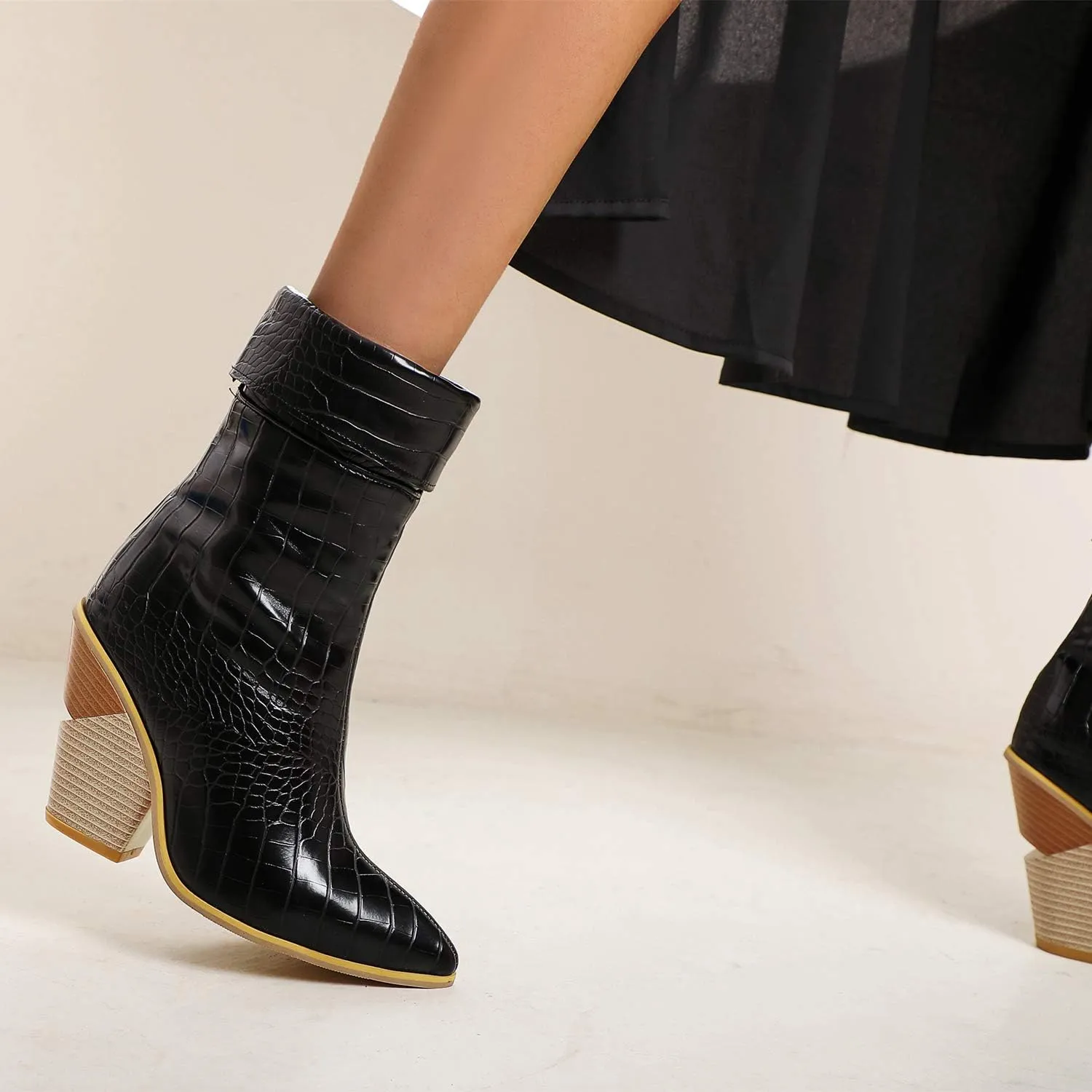 Women Fashion Chunky Wedge Heel Pull On Ankle Boots Comfy Concise Snakeskin Pointed Toe High Heels Short Booties
