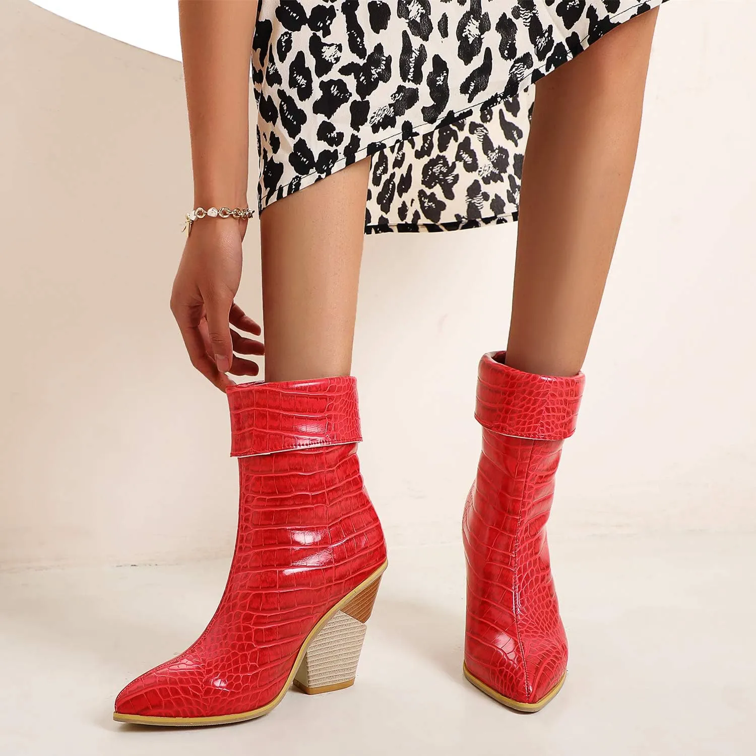 Women Fashion Chunky Wedge Heel Pull On Ankle Boots Comfy Concise Snakeskin Pointed Toe High Heels Short Booties