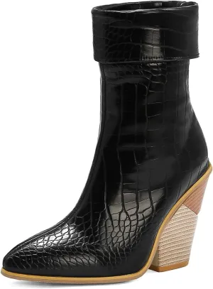 Women Fashion Chunky Wedge Heel Pull On Ankle Boots Comfy Concise Snakeskin Pointed Toe High Heels Short Booties