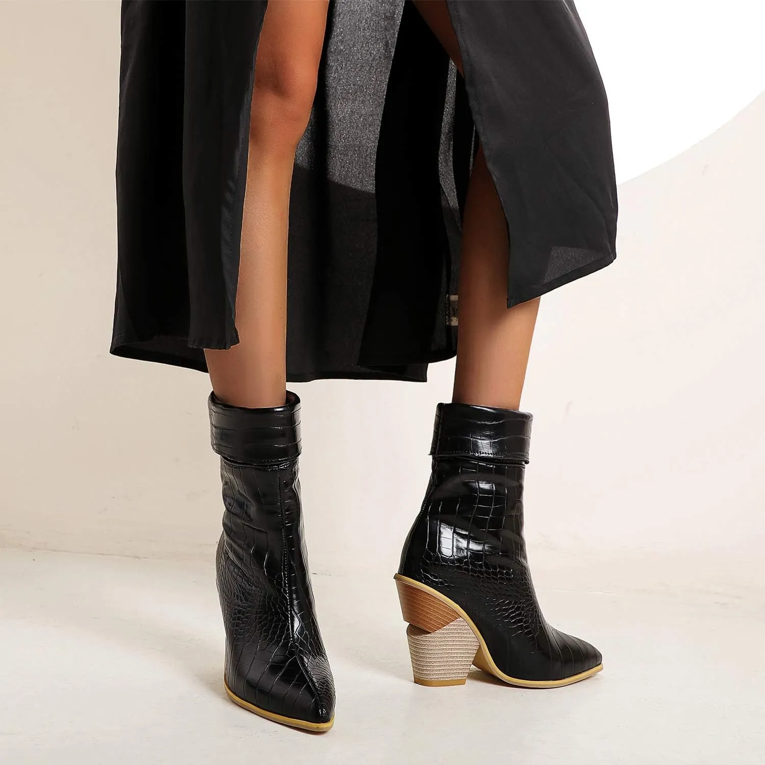 Women Fashion Chunky Wedge Heel Pull On Ankle Boots Comfy Concise Snakeskin Pointed Toe High Heels Short Booties